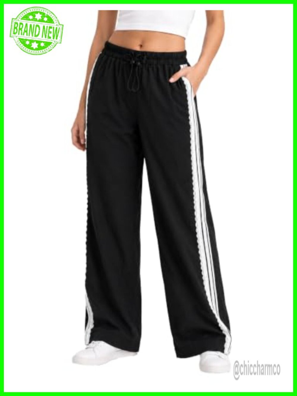 Womens Baggy Wide Leg Track Pants Lace Side Stripe Elastic Waist Drawstring